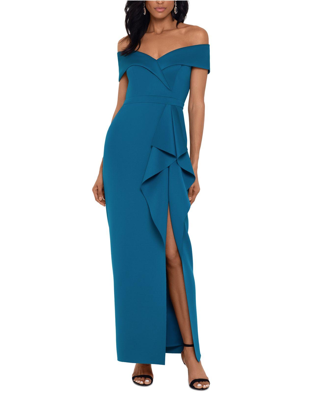 Xscape Synthetic Off-the Shoulder Ruffled Gown in Teal Blue (Blue) - Lyst