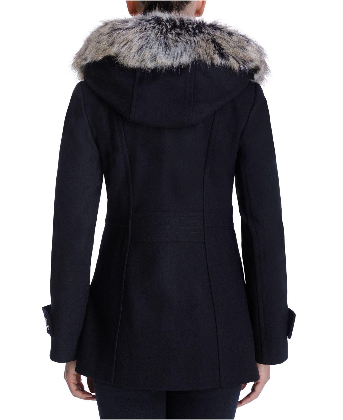London Fog Faux-fur-trim Hooded Coat in Black - Lyst
