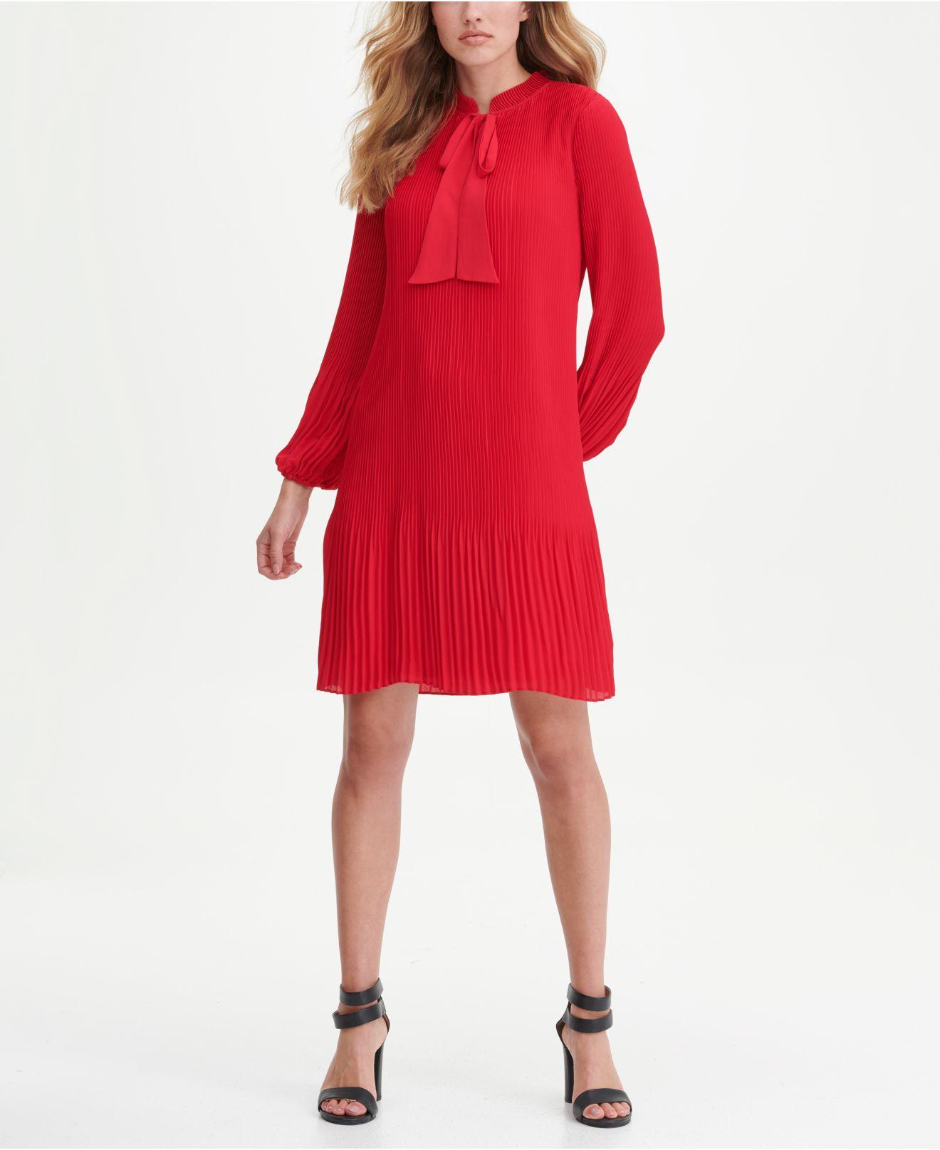DKNY Long Sleeve Tie Neck Pleated Shift Dress in Red | Lyst