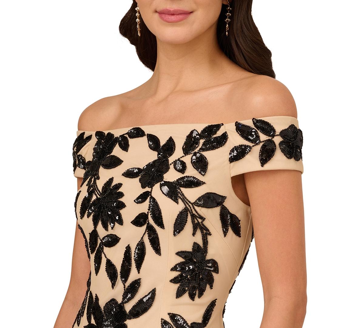 Adrianna Papell Petite Beaded Mesh Off-the-shoulder Gown in