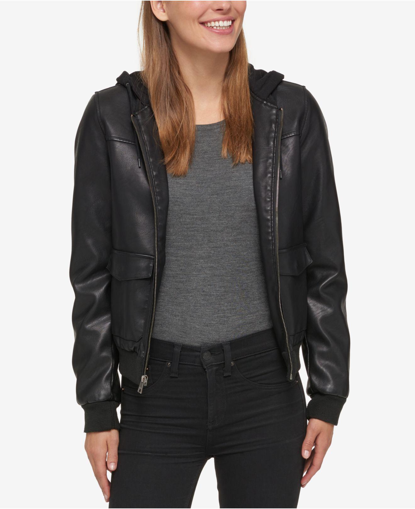 Lyst Levi S Hooded Faux Leather Er Jacket In Black Levi S Women Black Hooded Faux Leather Er Jacket