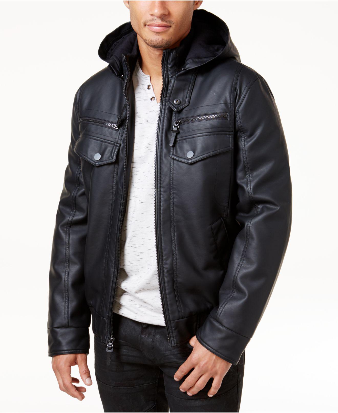 INC International Concepts Men's Faux Leather Hooded Bomber Jacket 