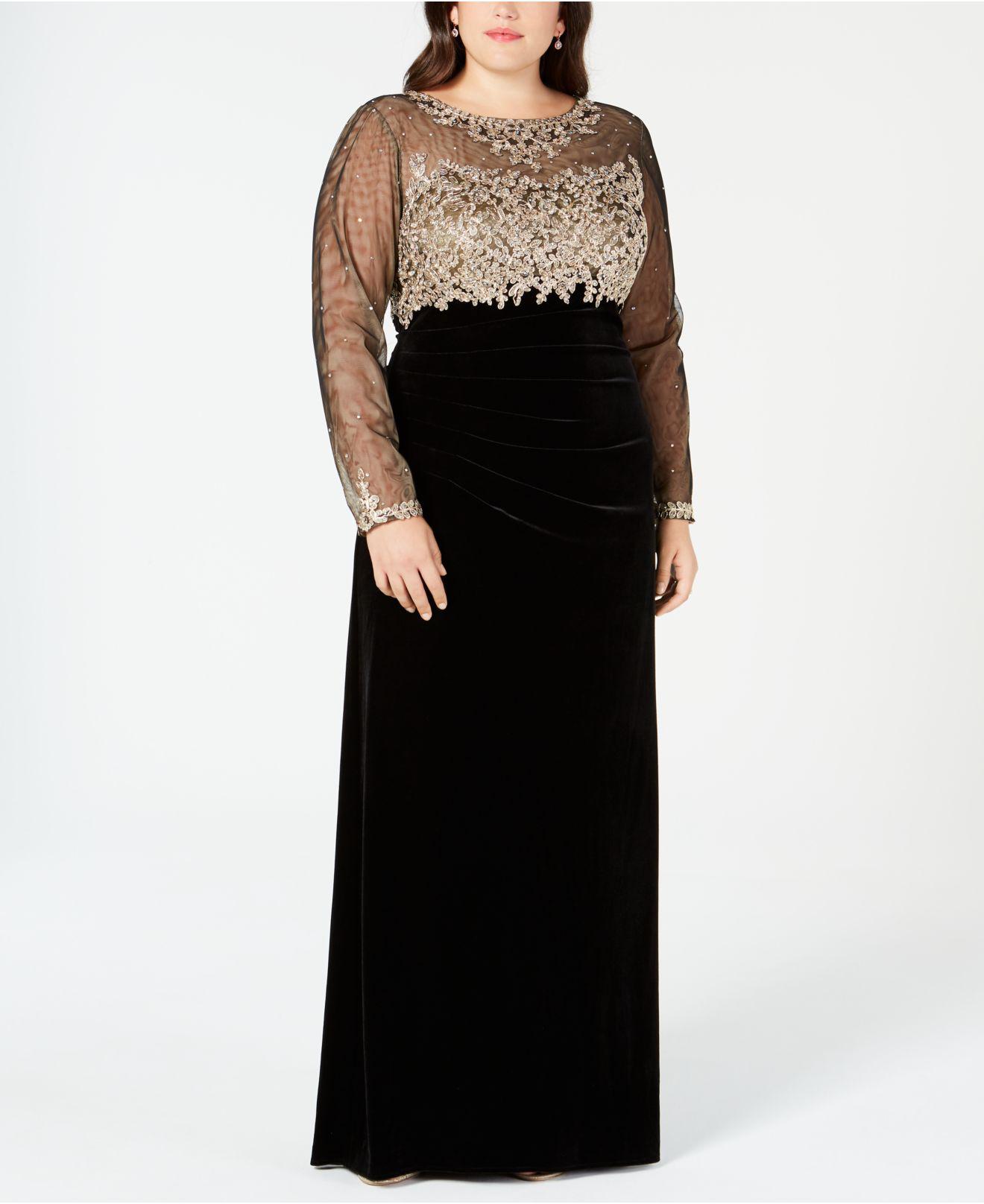xscape plus size embroidered illusion gown
