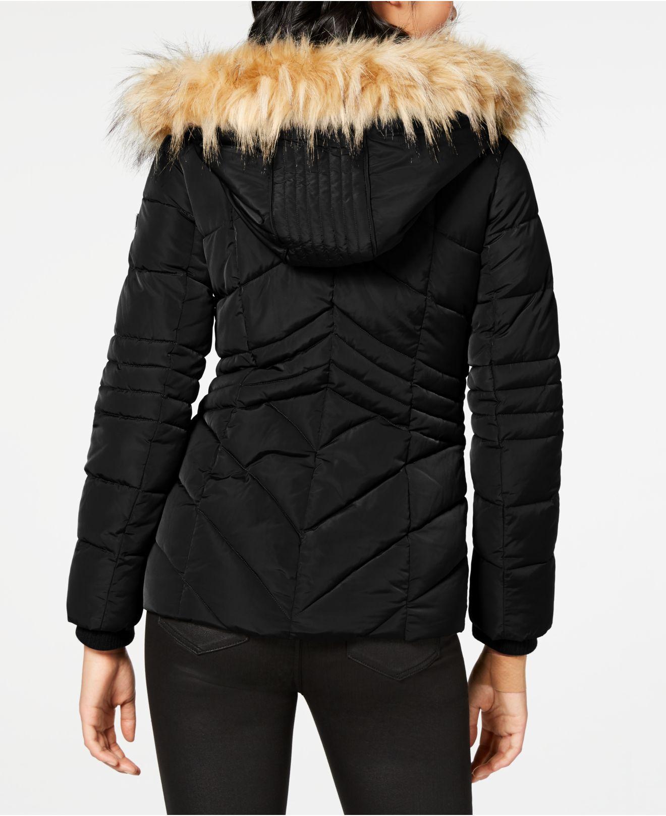 Guess Faux-fur-trim Hooded Puffer Coat, Created For Macy's in Black | Lyst