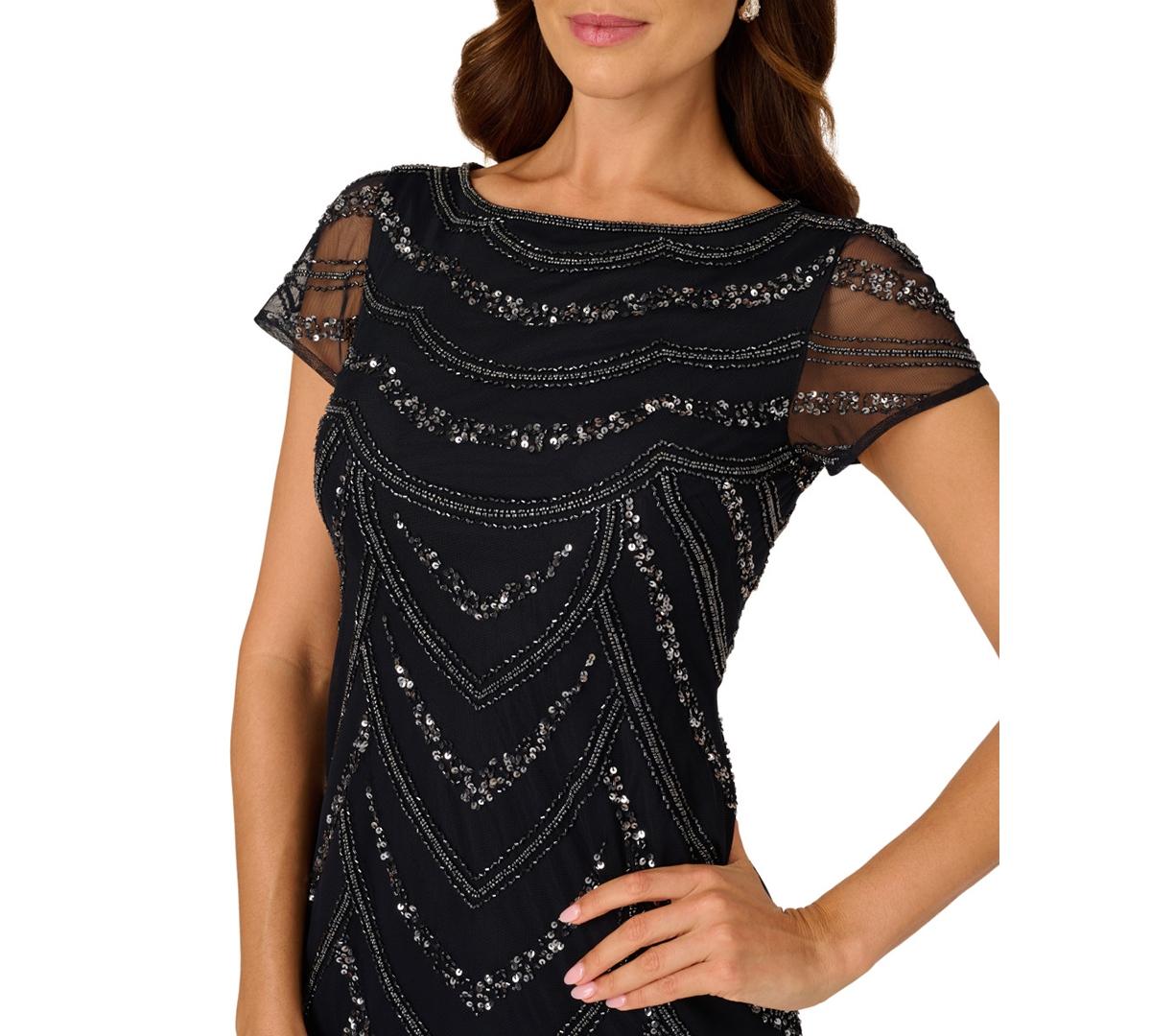 adrianna papell women's beaded cap-sleeve sheath dress in Blue special dinners x-category:Dress black midi dress fit Size:9 - 9.5 US