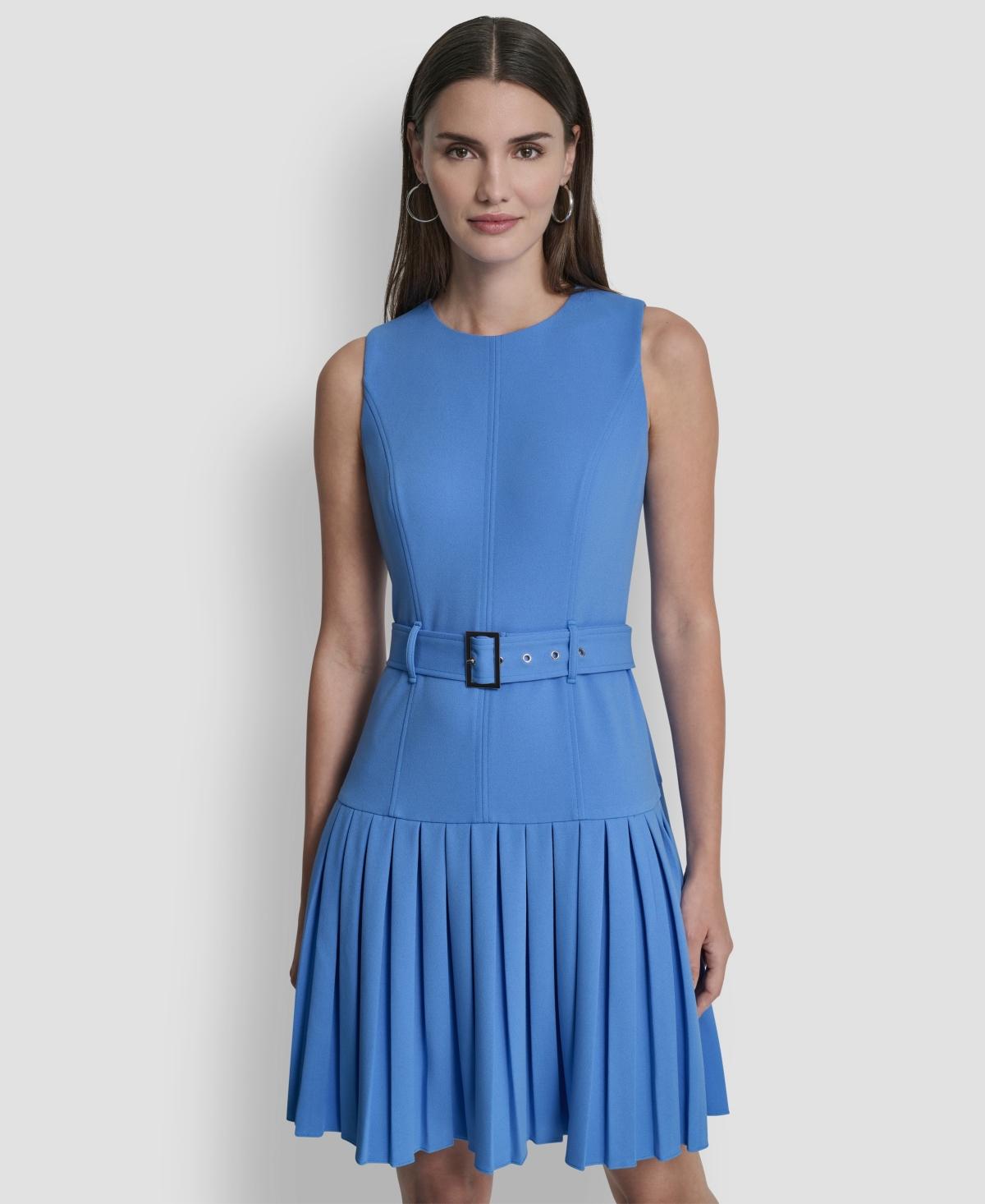 DKNY Sleeveless Jewel Neck Pleated Drop Waist Mini Dress in Blue | Lyst