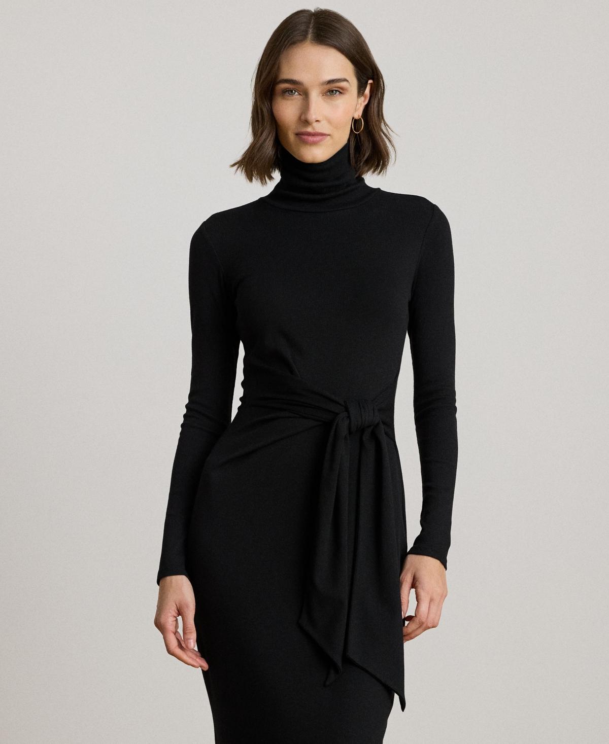 Ralph Lauren Tie-front Turtle Neck Dress in Black | Lyst