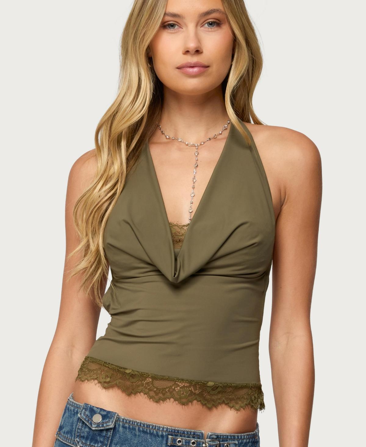 Edikted Layered Lacey Cowl Neck Halter Top in Green | Lyst