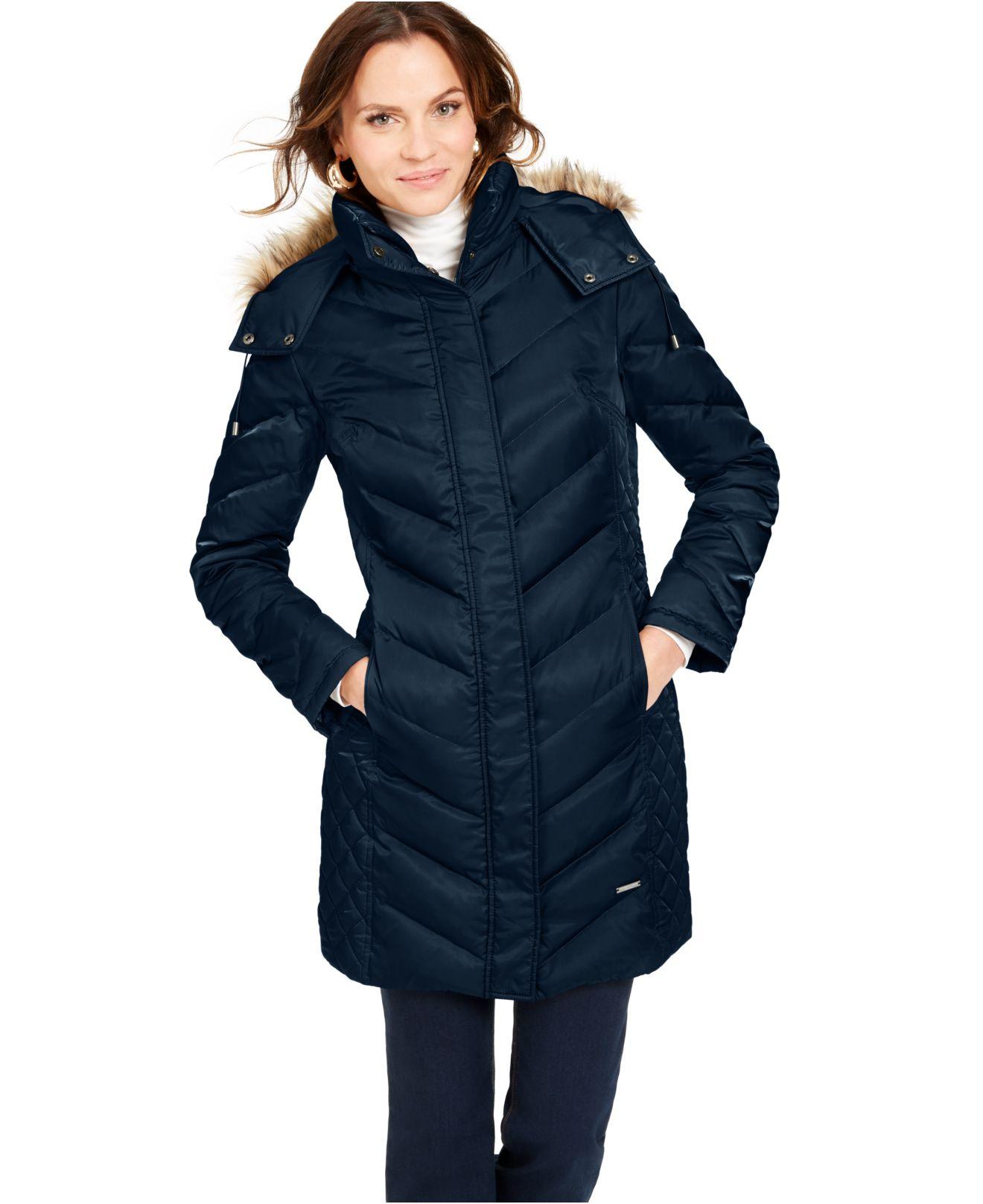 Kenneth Cole Faux-fur-trim Hooded Down Puffer Coat in Midnight (Blue ...