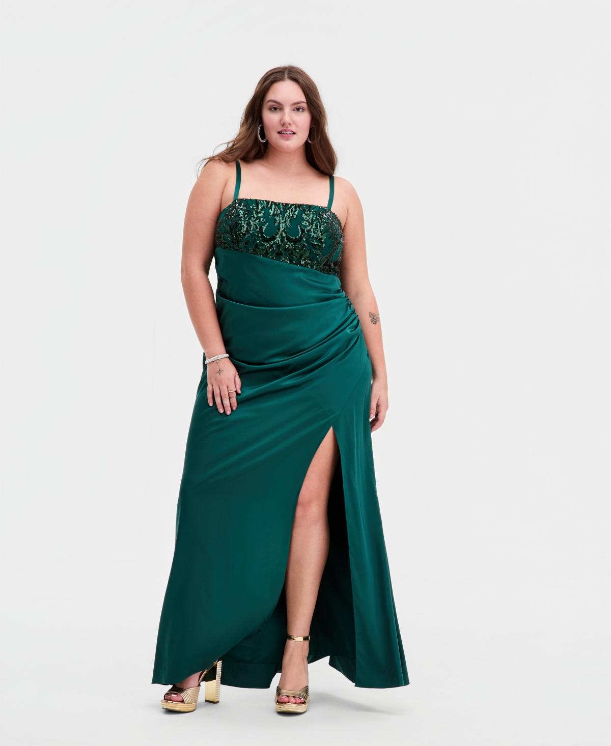 City Studios Trendy Plus Size Satin Ruched Sequin Gown in Green | Lyst