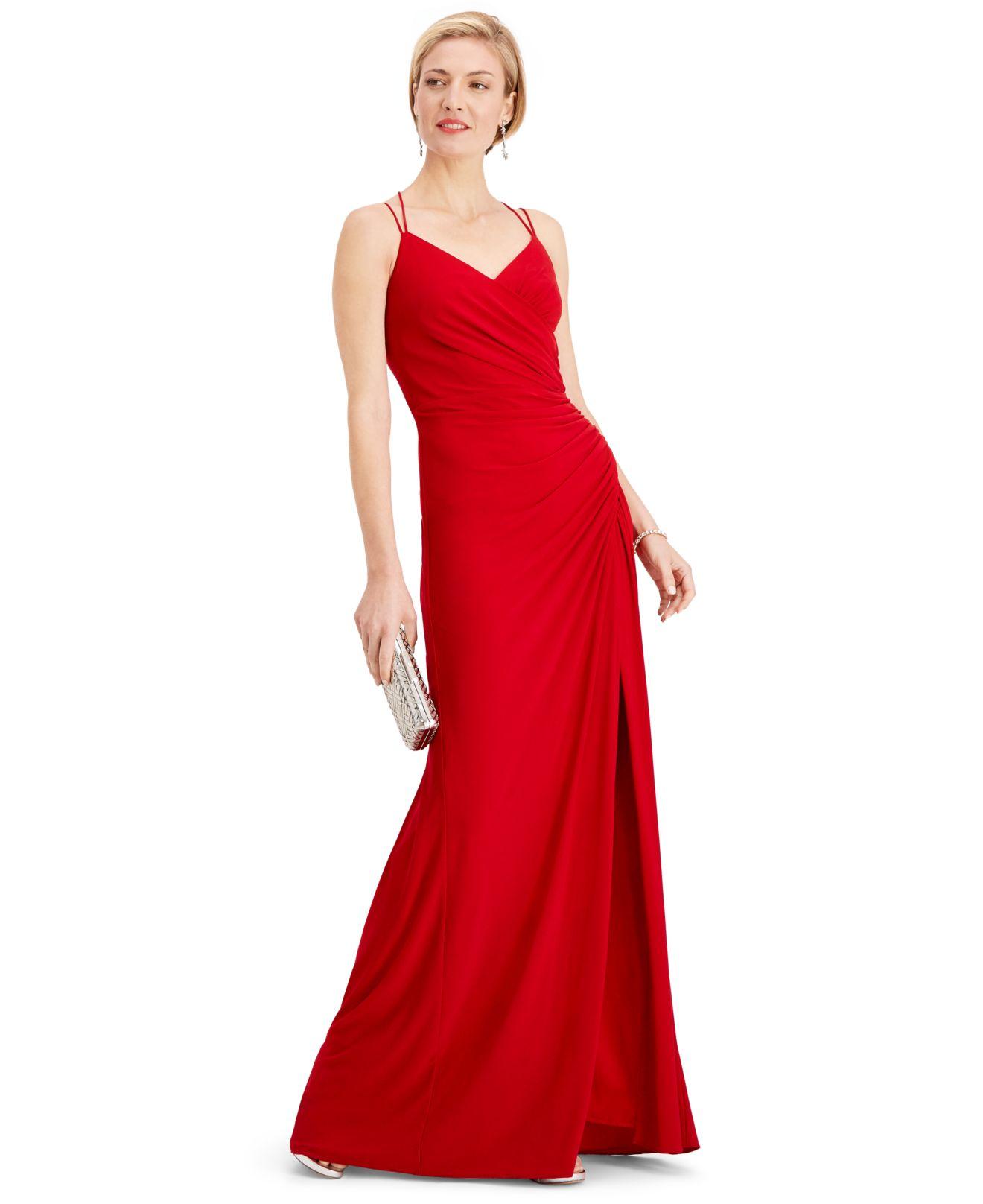 Adrianna Papell Sleeveless Front Slit Ruched Gown in Red | Lyst