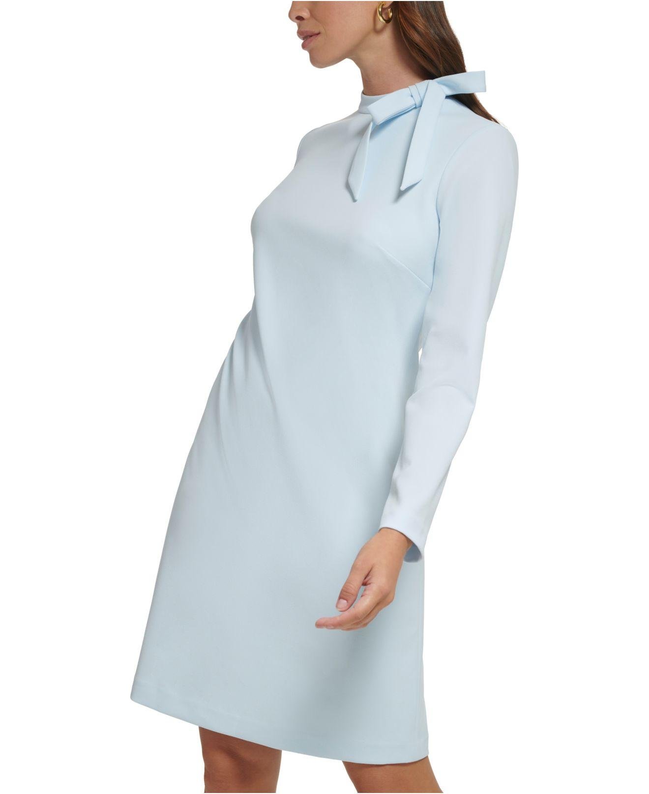 Calvin Klein Long-sleeved Tie-neck Scuba Crepe Sheath Dress in Blue | Lyst