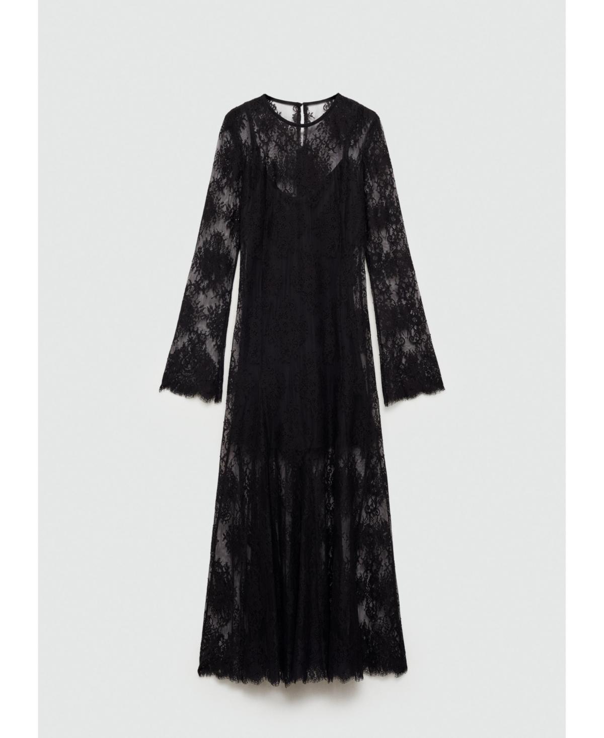 Mango Semi-transparent Lace Long Dress in Black | Lyst