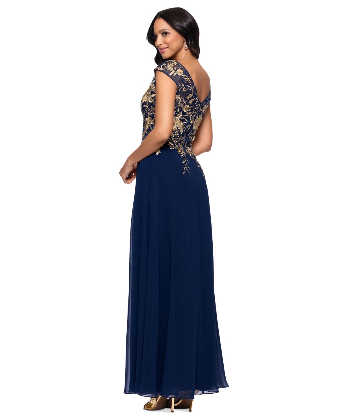 Betsy & Adam Embroidered V-neck Front-slit Gown in Blue | Lyst Betsy & Adam Embroidered V-neck Front-slit Gown in Blue | Lyst