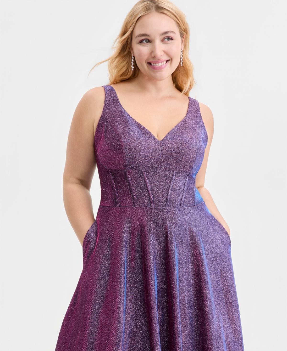 Purple Macy's Formal Dresses Plus Size Gowns City Studios Trendy Plus Size Glitter V-neck Sleeveless Gown In Purple Macy's Formal Dresses Plus Size Gowns City Studios Trendy Plus Size Glitter V-neck Sleeveless Gown In