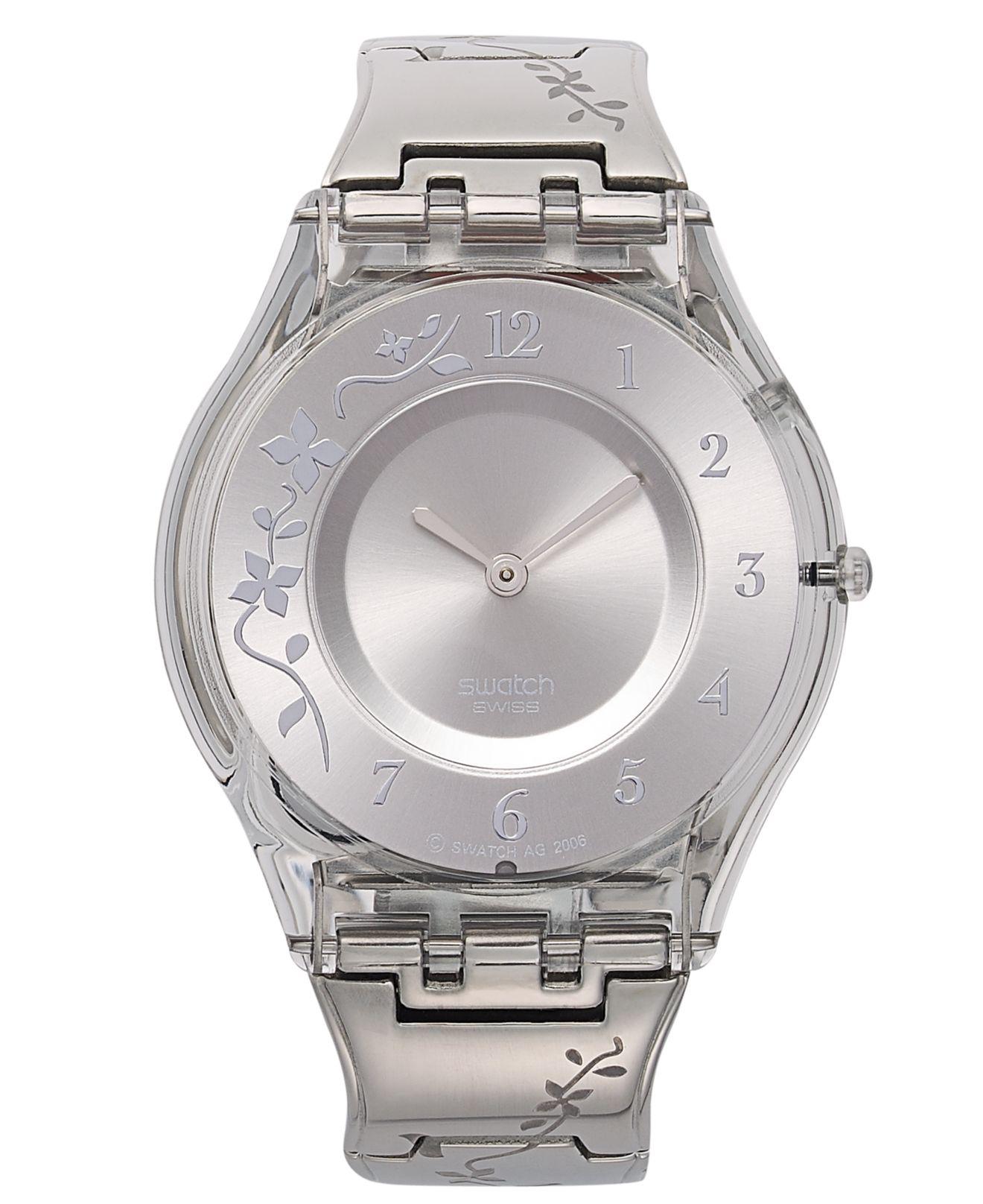 Swatch Watch, Women's Swiss Climber Flowery Flower Engraved Stainless Steel  Bracelet 34mm Sfk300g in Metallic | Lyst