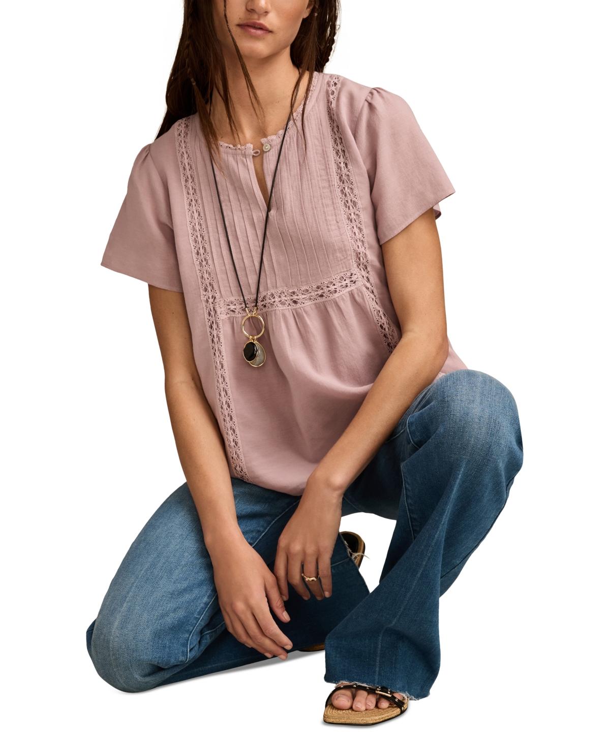 売れ筋商品|||ラッキーブランド カットソー トップス レディース Women's Cotton Pleated Split-Neck Peasant Top Blue Surf Lucky Brand Womens NWT Embroidered Split Neck Peasant Top