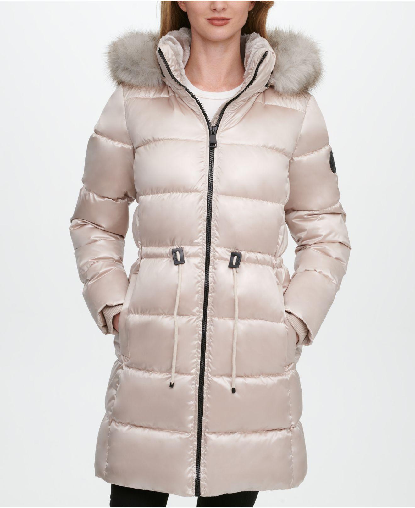 DKNY Petite Highshine Fauxfur Trim Hooded Puffer Coat in Champagne
