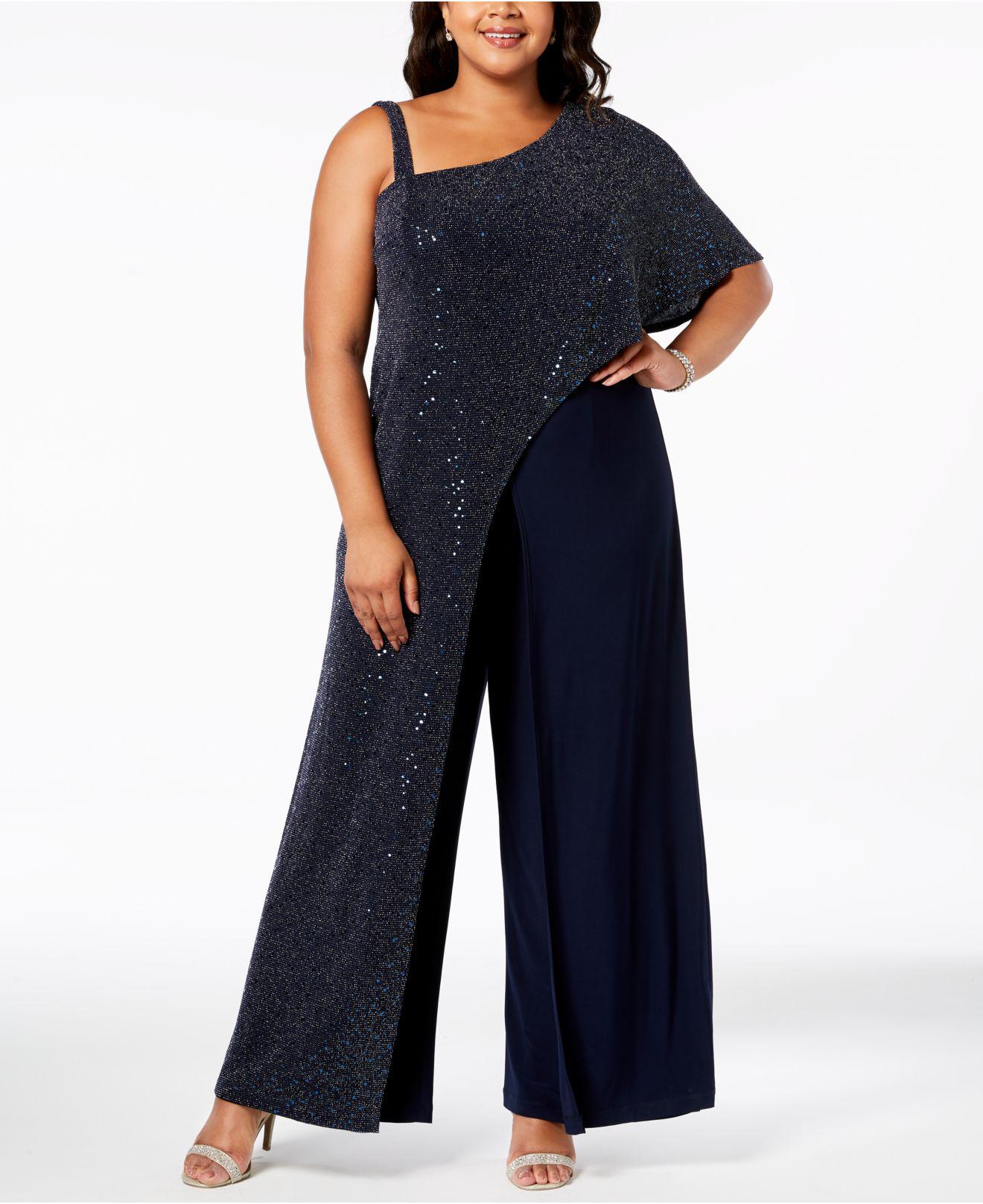 R & M Richards Synthetic Plus Size Sequined-drape Jumpsuit in Navy (Blue) -  Lyst
