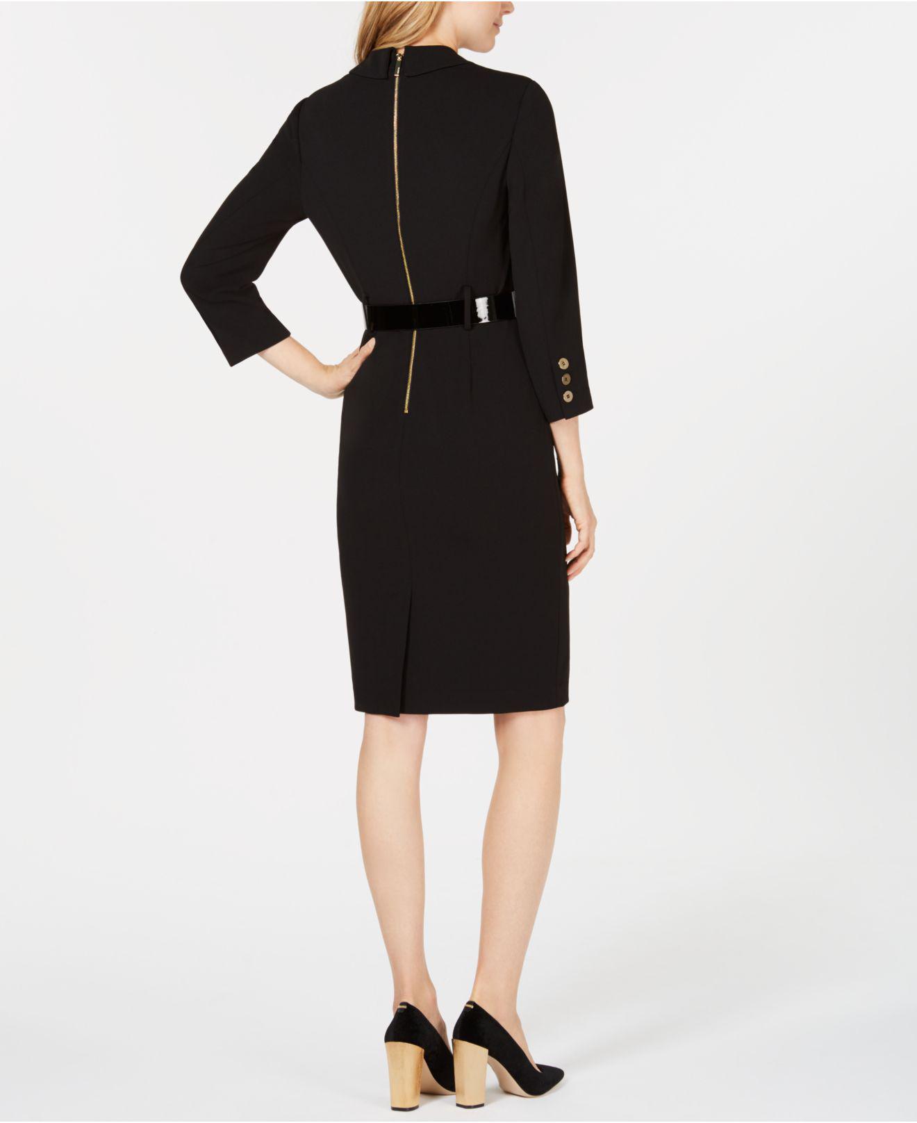 Calvin Klein Synthetic Notched-collar Belted Sheath Dress in Black | Lyst