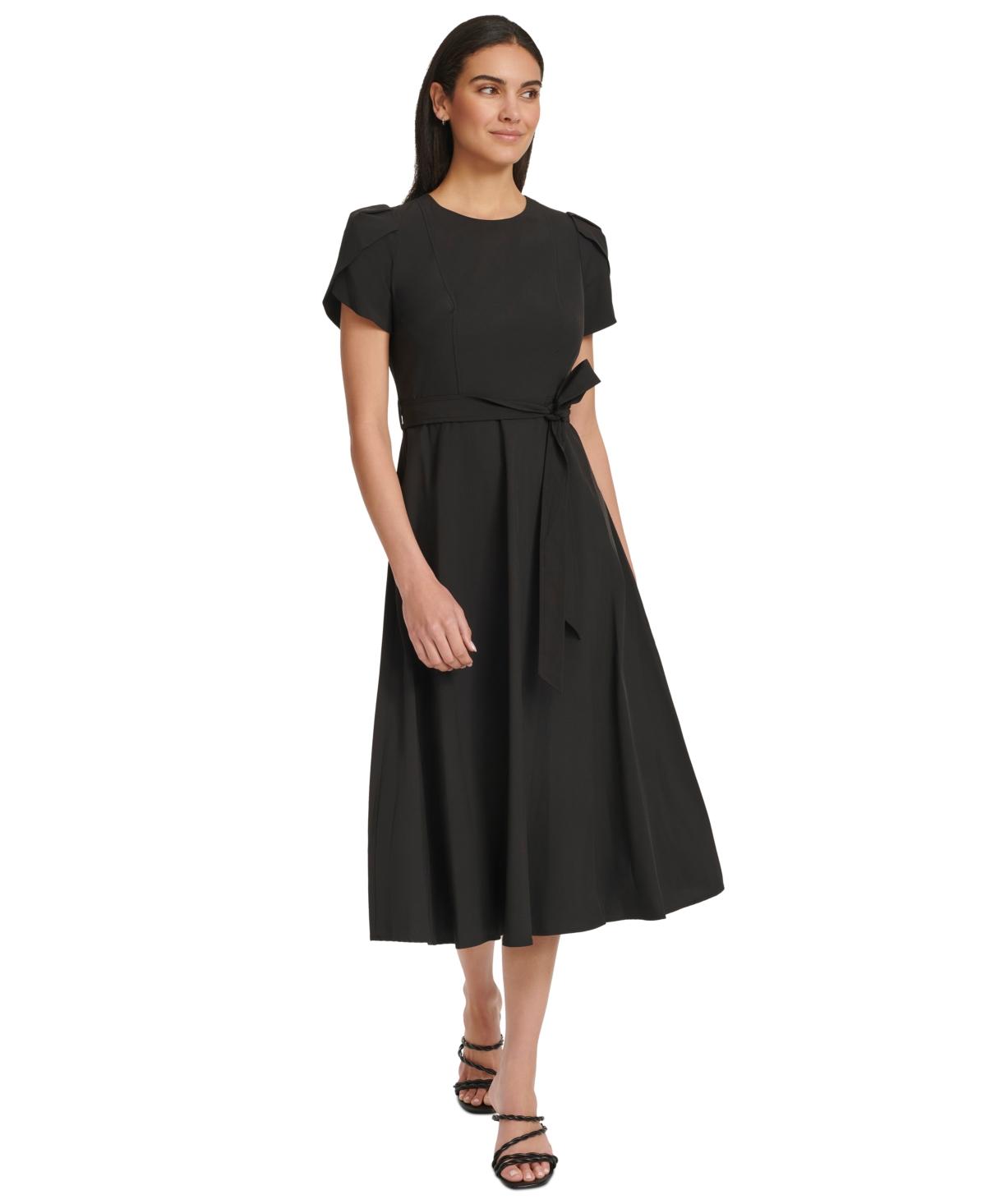 【送料0円】 Tie-waist Tulip-sleeve Klein Calvin A-line Lyst | Black in Dress ワンピース