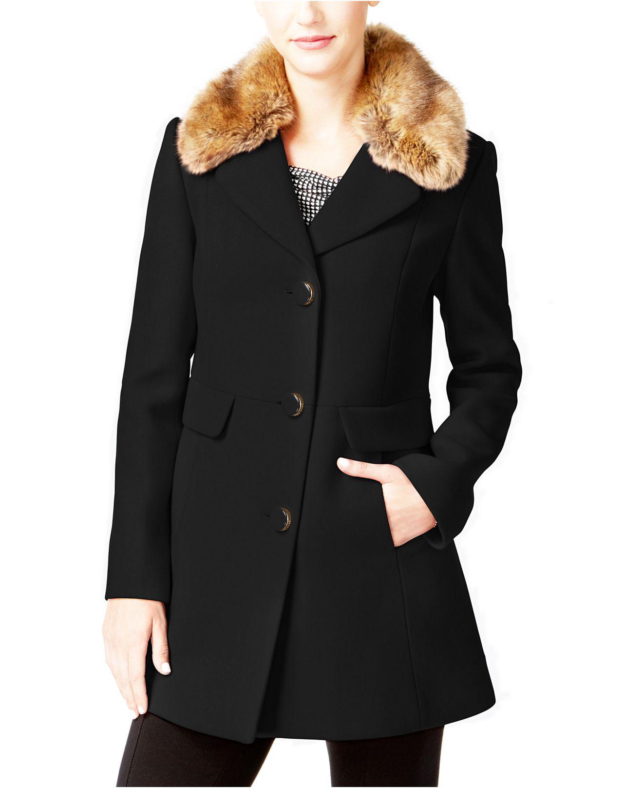anklageren Ret gambling Kate Spade Faux-fur-collar Wool-blend Peacoat in Black | Lyst