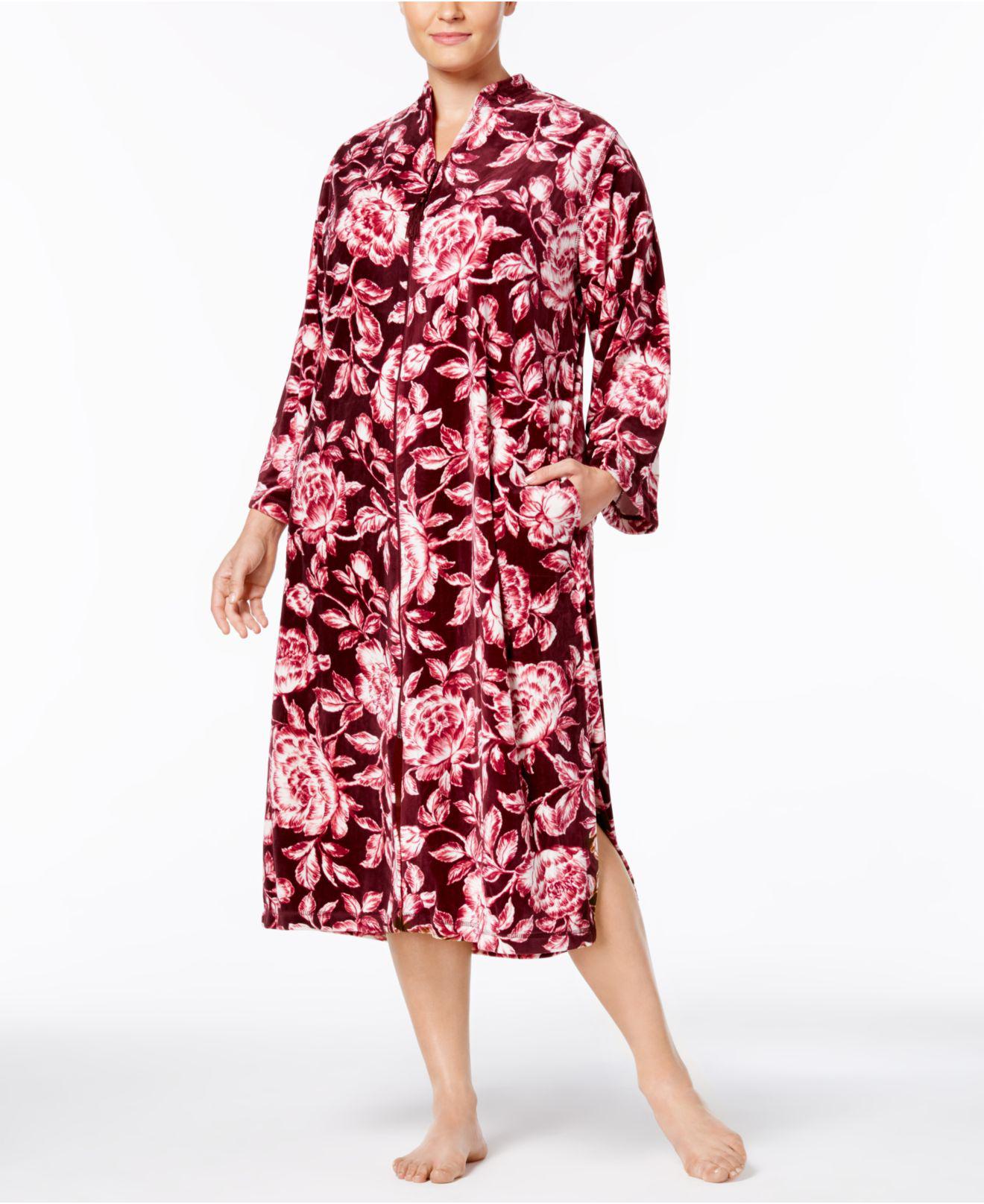 Miss Elaine Synthetic Plus Size Printed Brushed Velour Zipfront Robe