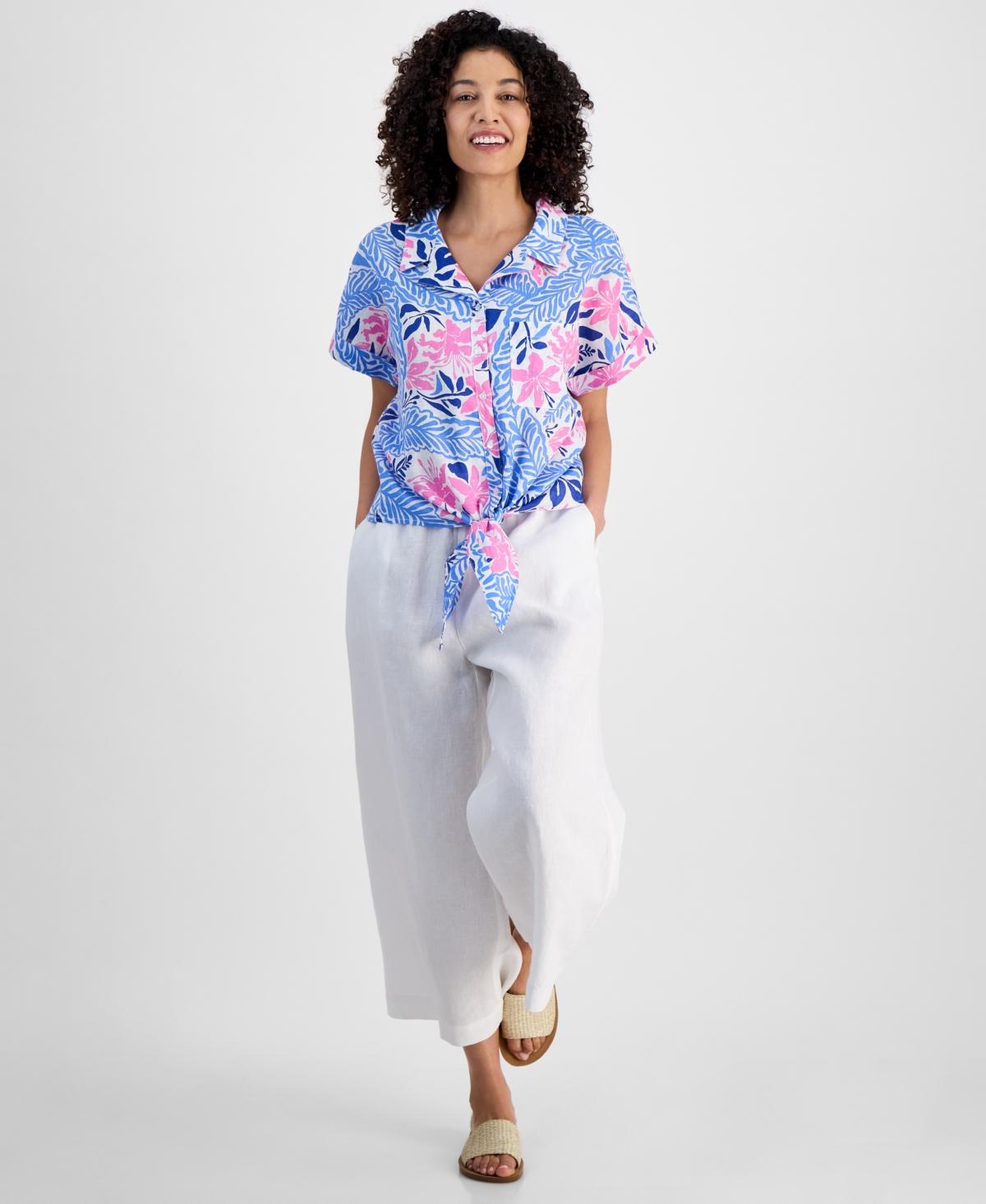 売れ筋商品|||チャータークラブ カットソー トップス レディース Petite 100% Linen Floral-Print Tie-Front Shirt, Exclusively at Macy's Bright White Charter Club Petite 100% Linen Floral-print Tie-front Shirt