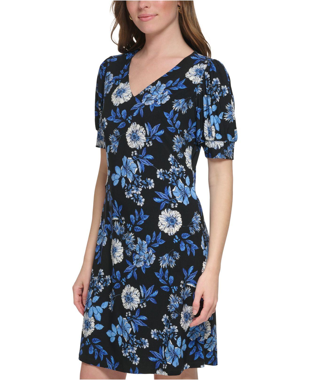 Tommy Hilfiger Floral-print Puff-sleeve Jersey Dress in Blue | Lyst