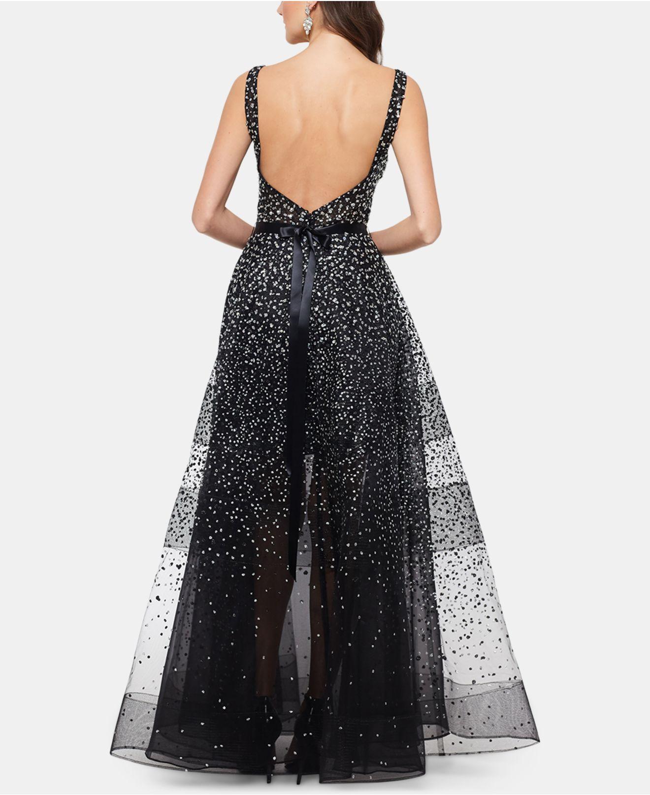 betsy & adam plus size galaxy glitter draped gown