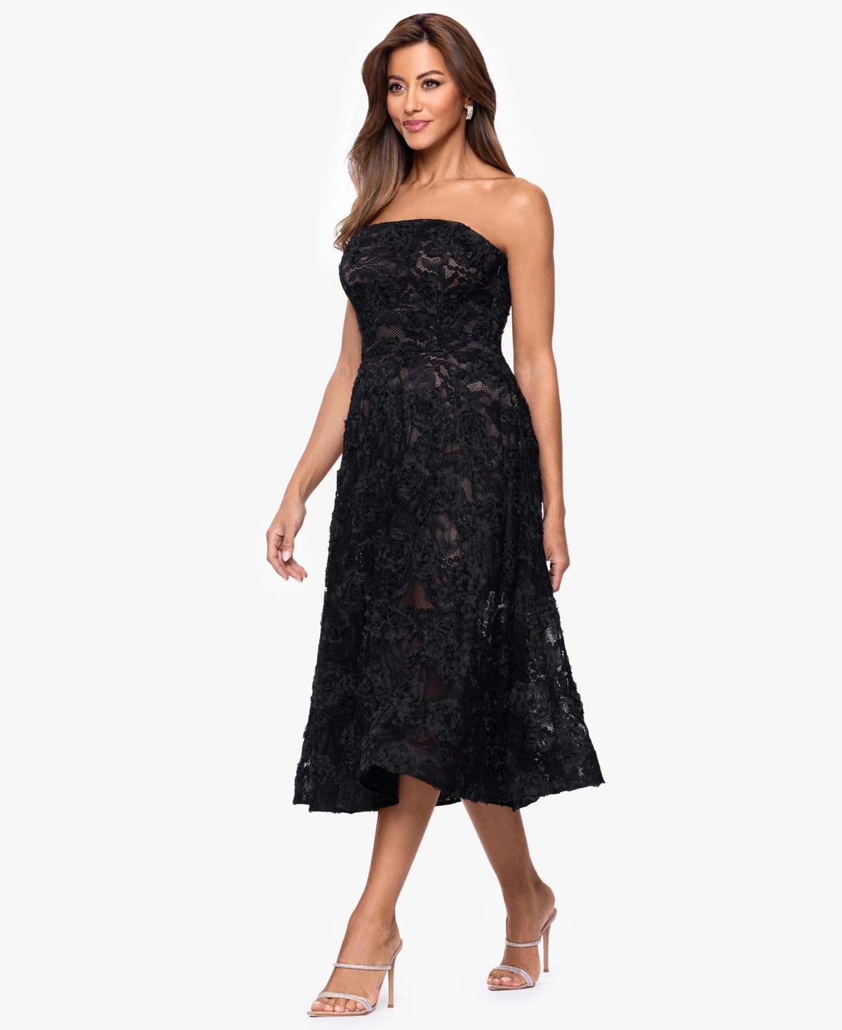 Xscape Strapless Lace Midi Dress in Black | Lyst