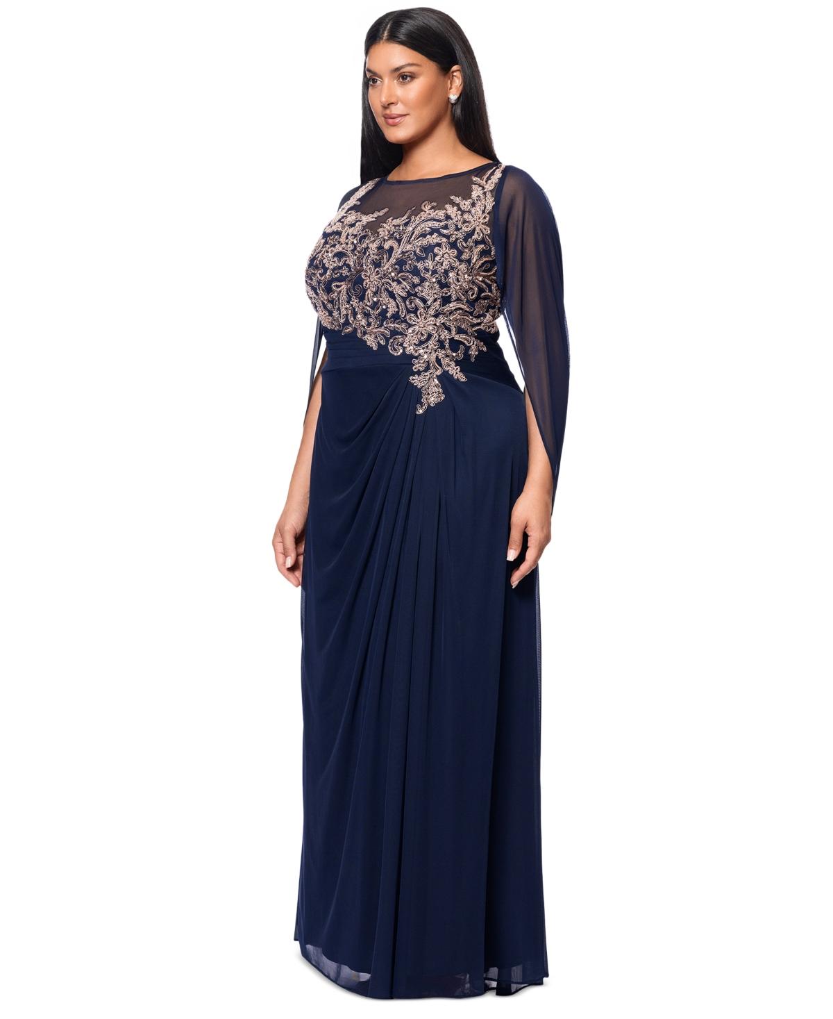 betsy & adam plus size ruched cape dress Plus "Charlotte" Jersey Knit With Chiffon Cape Shutter Dress
