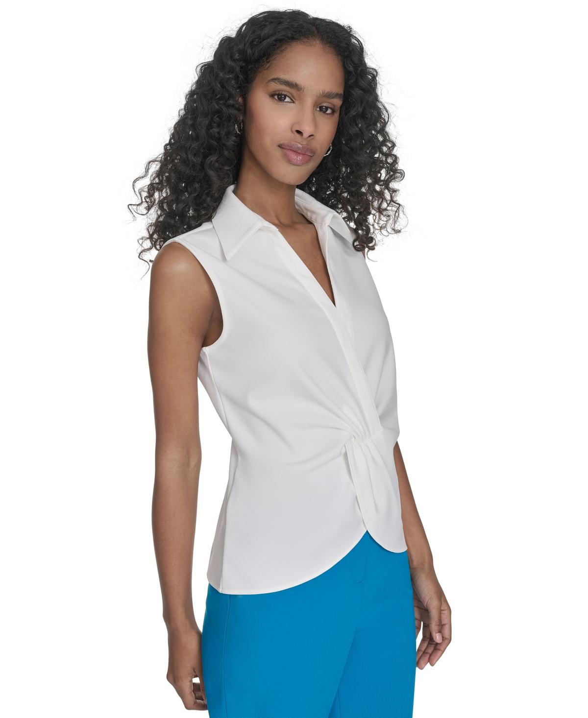 売れ筋商品|||カルバンクライン カットソー トップス レディース Petite Collared Twist-Front Sleeveless Shirt White Calvin Klein Petite Collared Twist-front Sleeveless Shirt in