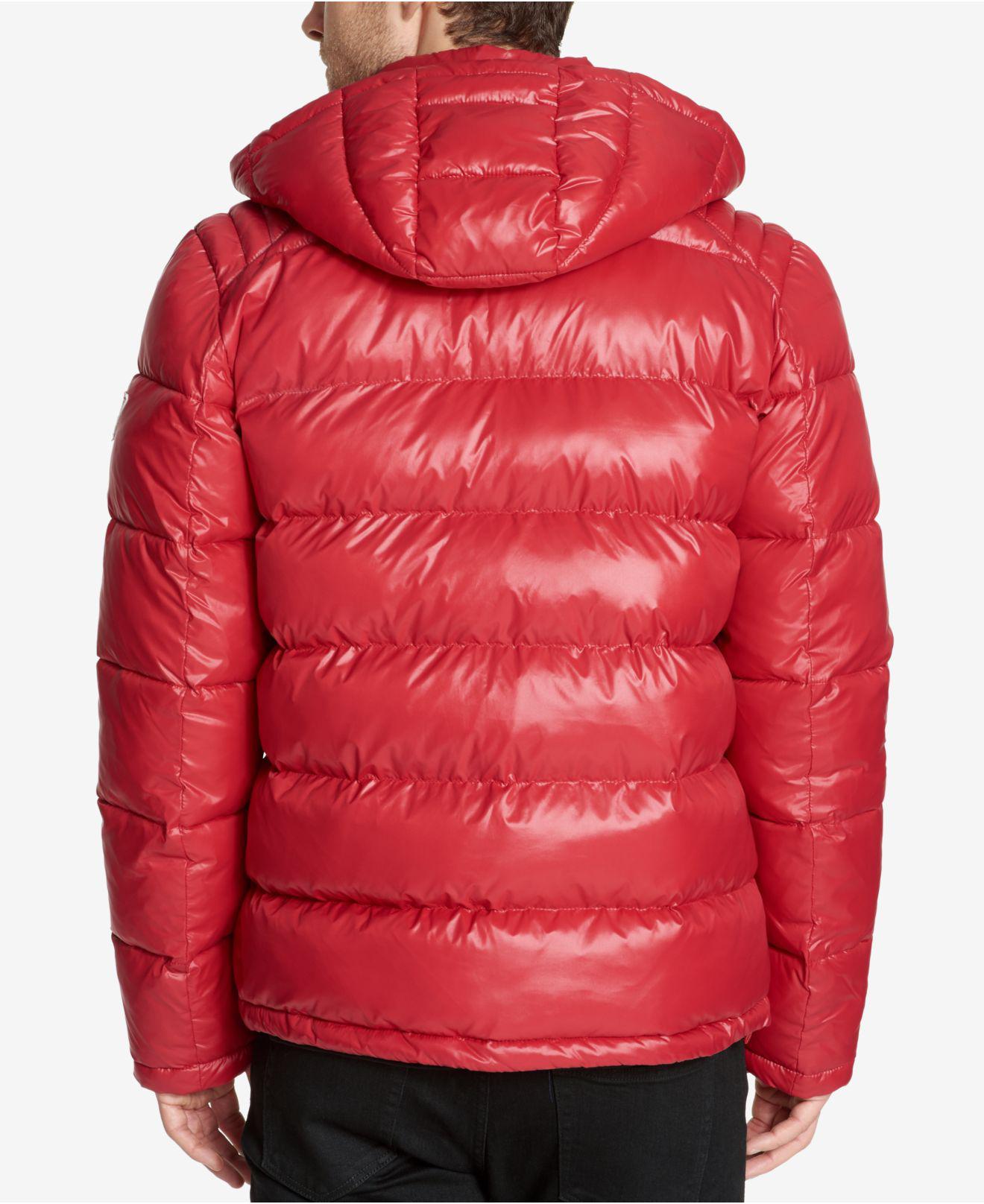 guess red puffer jacket