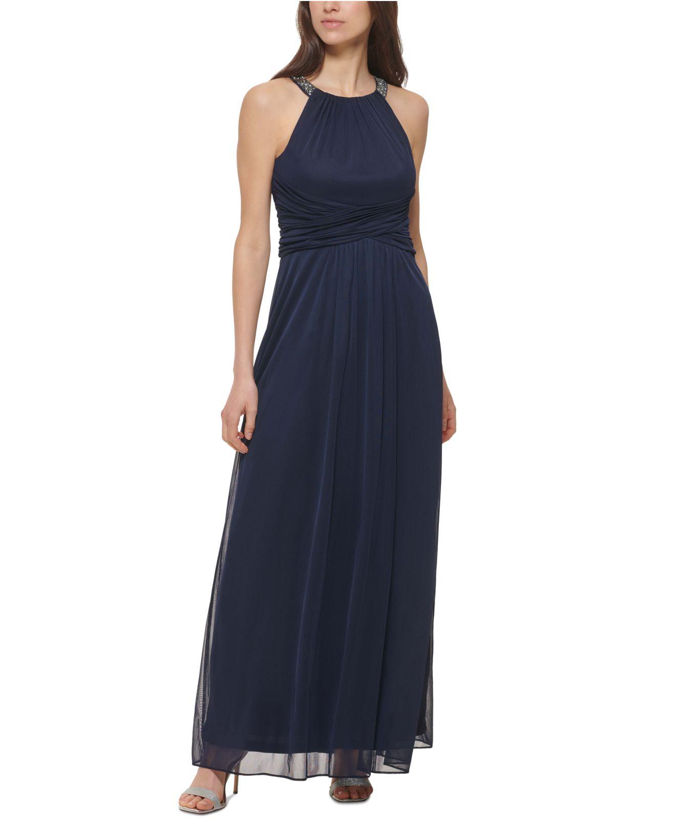 Jessica Howard Embellished-neck Ruched-front Gown in Blue | Lyst