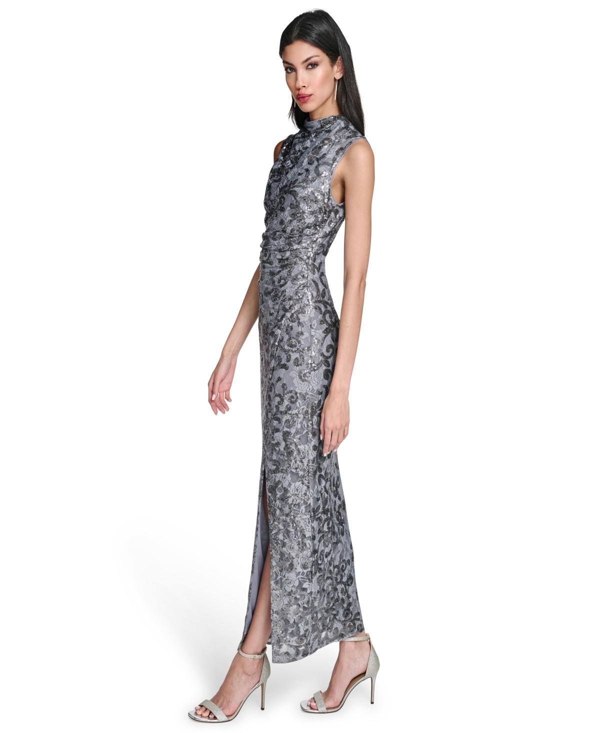 Vince Camuto Petite Cowl Neck Sequin Lace Dress in Blue