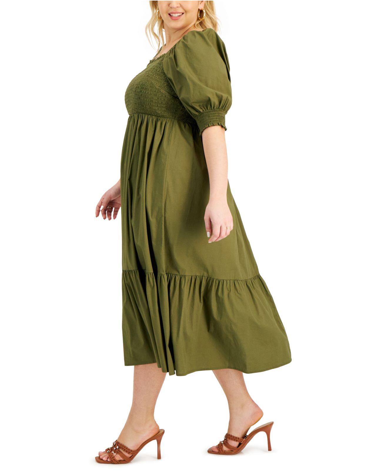 INC International Concepts Plus Size Smocked Puff-sleeve A-line Dress,  Created For Macy's in Green | Lyst