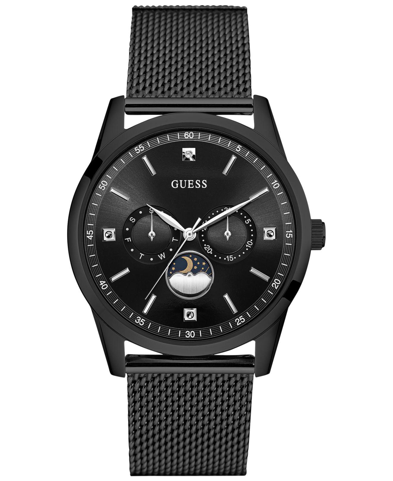 Guess Men's Traditional Moonphase Black Stainless Steel Mesh 