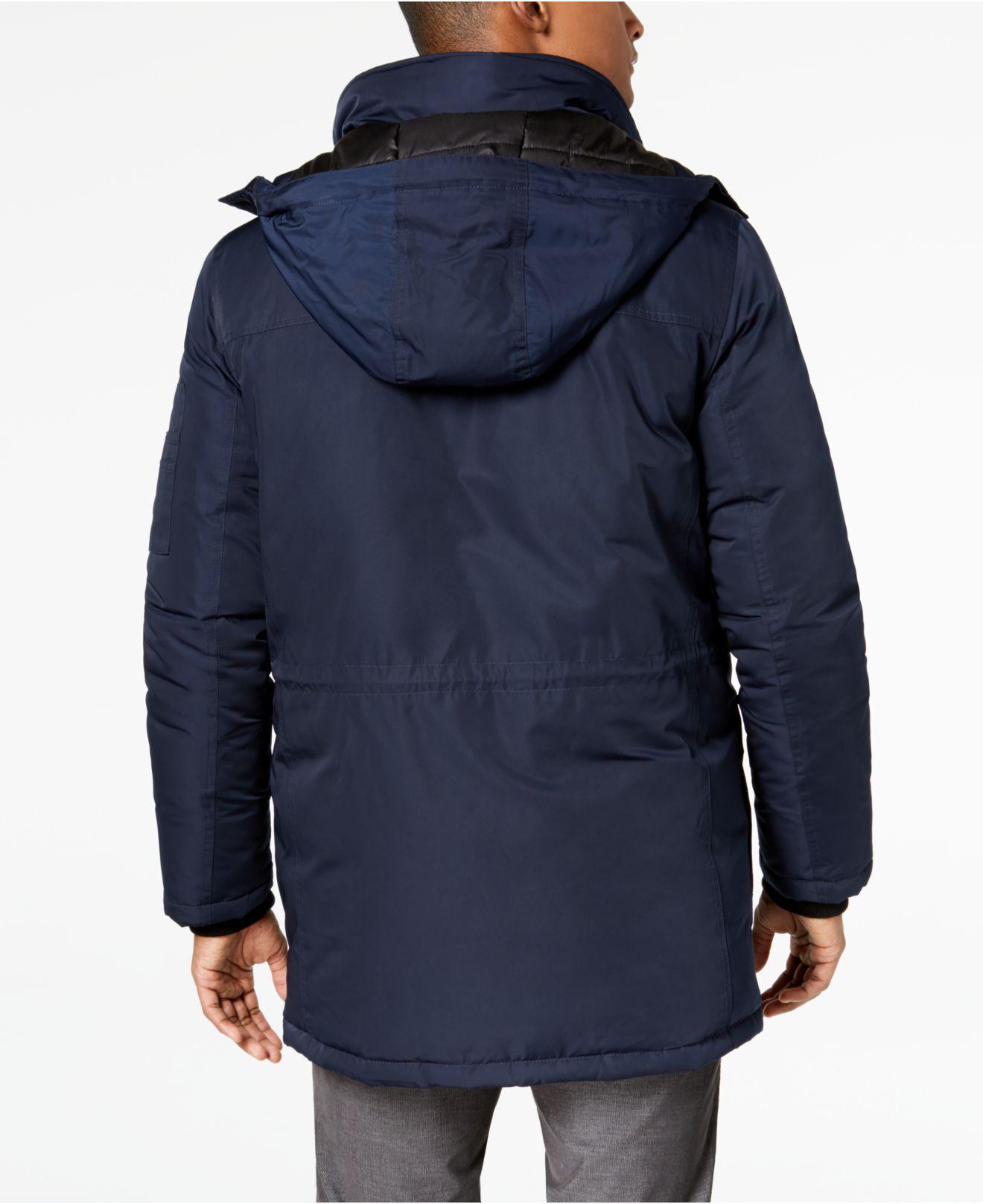 Calvin Klein Long Snorkel Coat With Fauxfur Trimmed Hood in Blue for