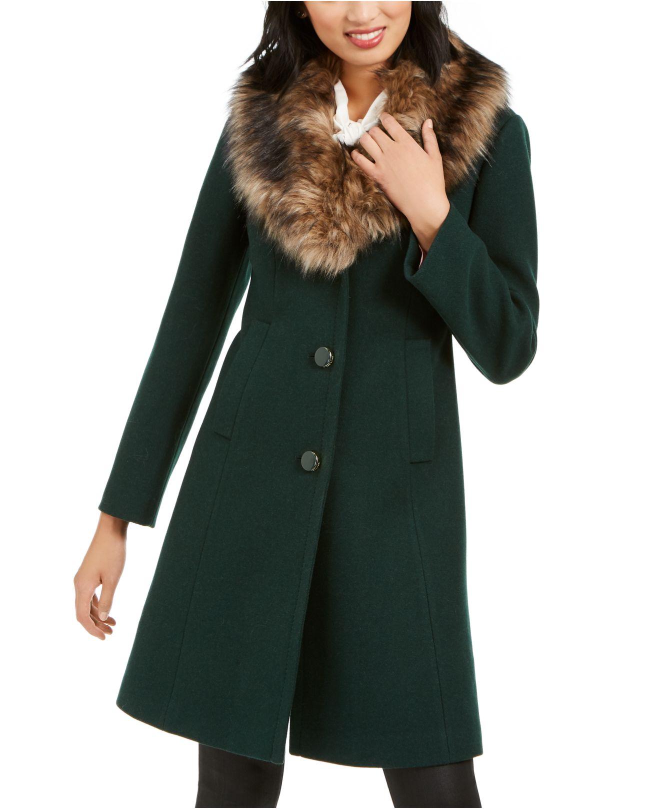 Kate Spade Faux-fur-trim Coat, Created For Macy's in Green - Lyst