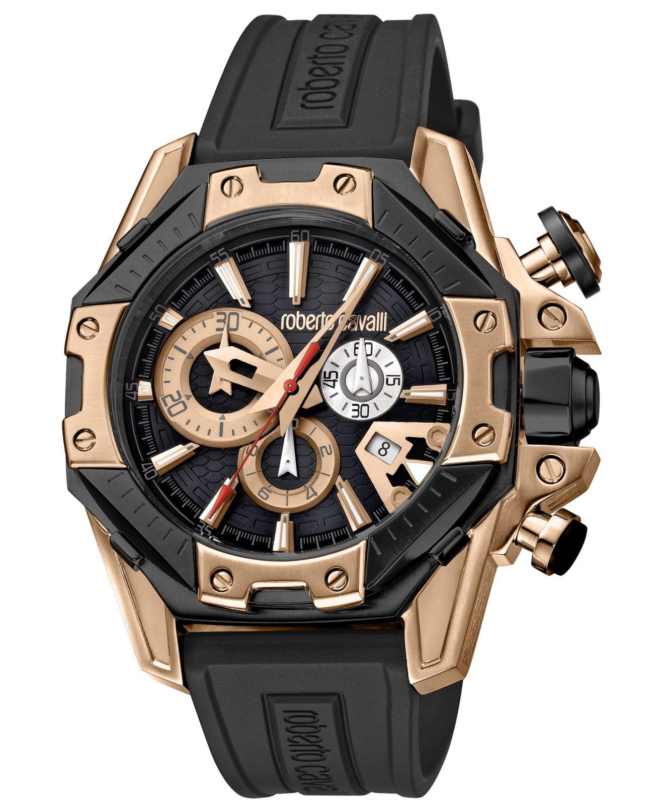 Roberto Cavalli Swiss Rose Gold Chronograph Black Rubber Strap Watch, 44mm for Men Save 33 Lyst