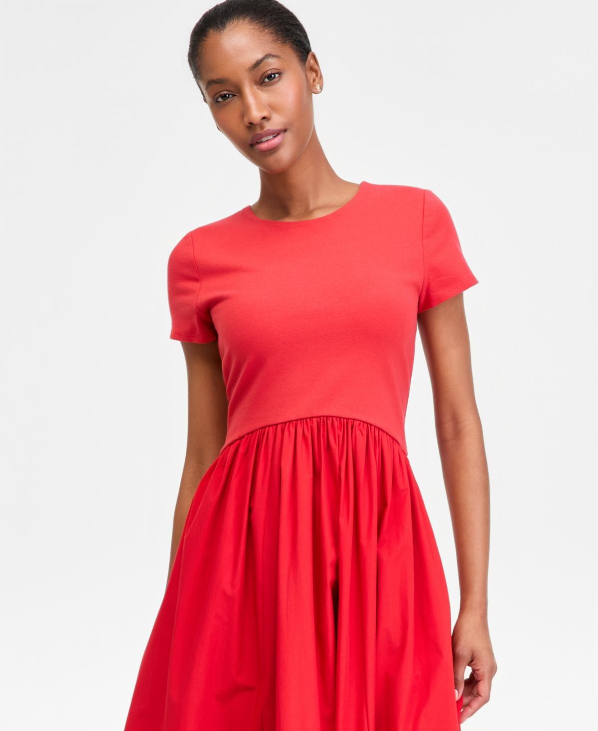 on 34th women's mixed-media short-sleeve midi dress reviews On 34th Short-sleeve Curved-waist Mixed-media Midi Dress in Red