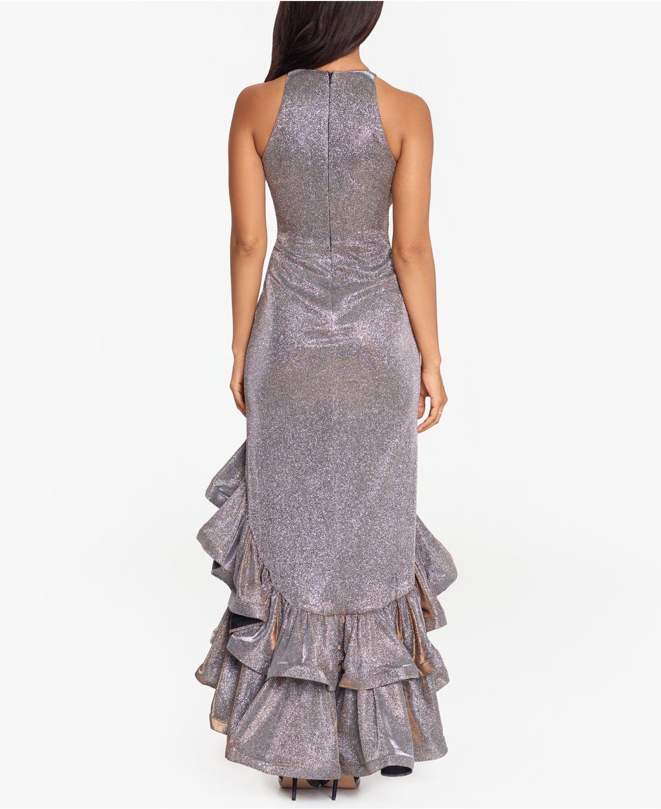 betsy & adam plus size galaxy glitter draped gown