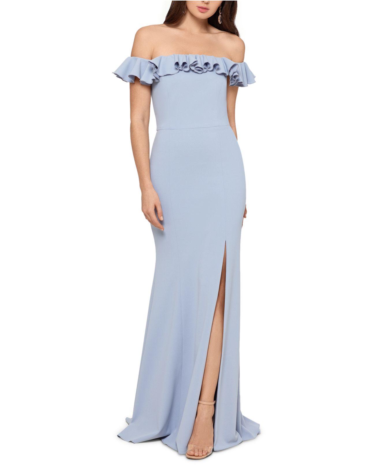 Xscape Synthetic Ruffled Off-the-shoulder Gown in Sky Blue (Blue) - Lyst