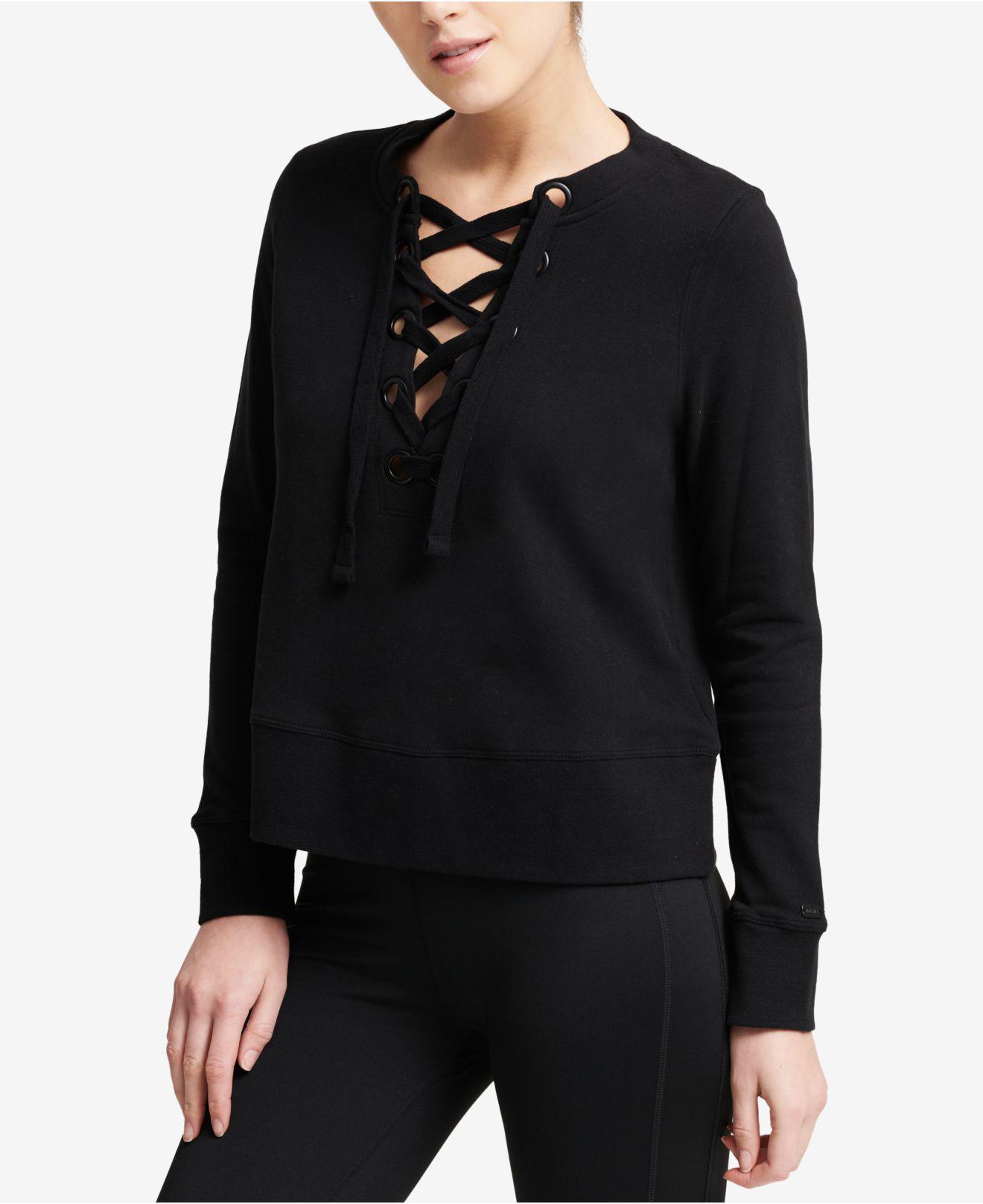 DKNY Sport Cotton Lace-up French Terry Sweatshirt in Black - Lyst