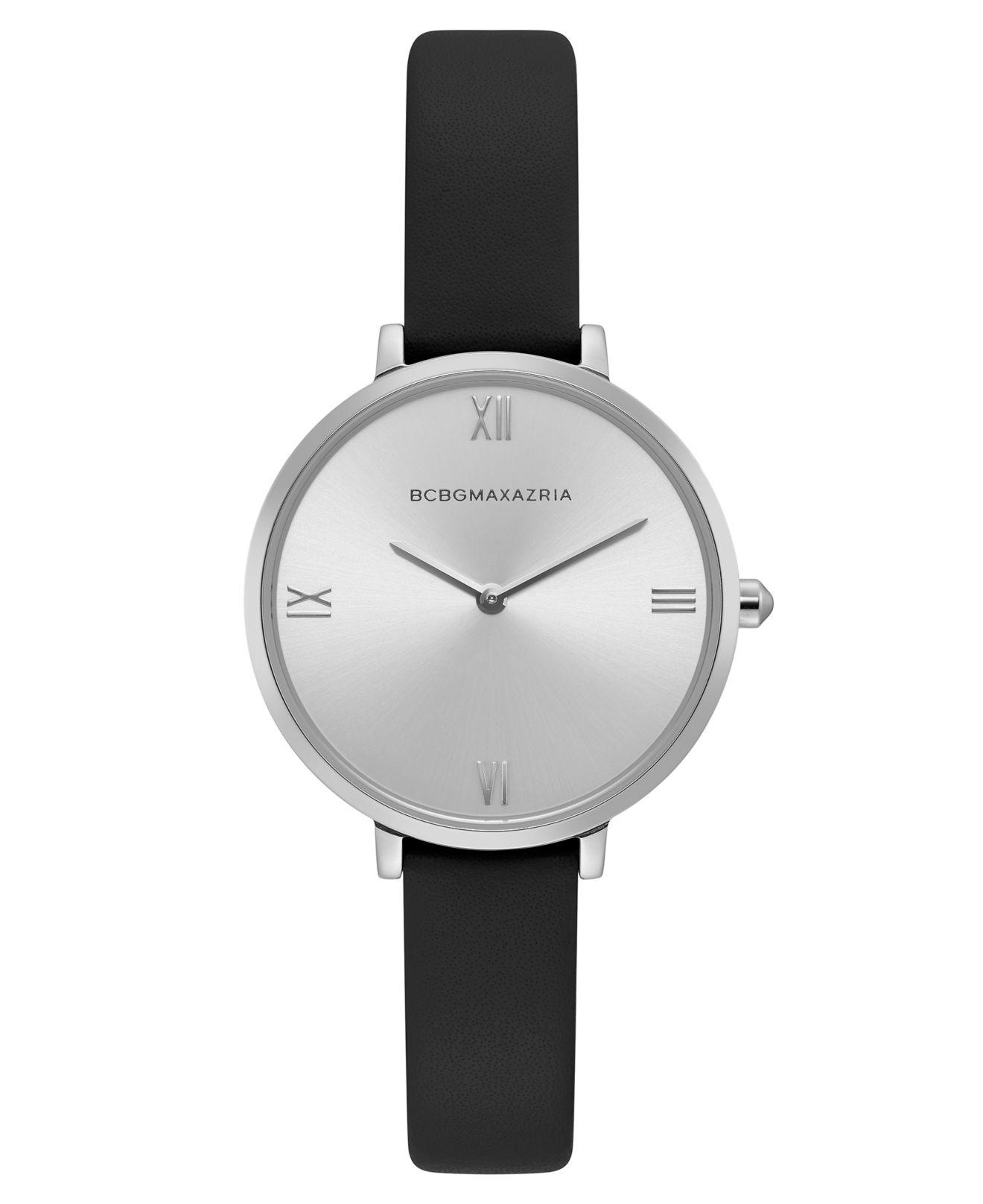 BCBGMAXAZRIA Leather Ladies Black Strap Watch With Silver Dial, 34mm