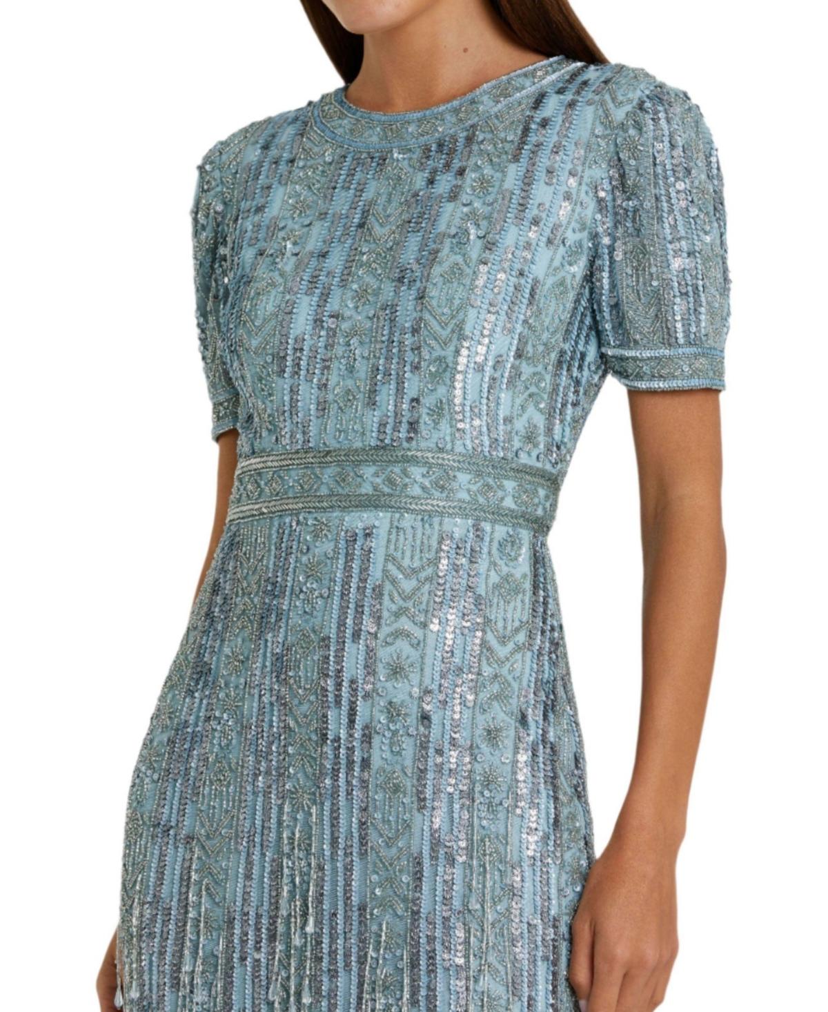 Mac Duggal High Neck Short Sleeve Crystal Fringe Column Dress in Blue | Lyst Mac Duggal High Neck Short Sleeve Crystal Fringe Column Dress in Blue | Lyst