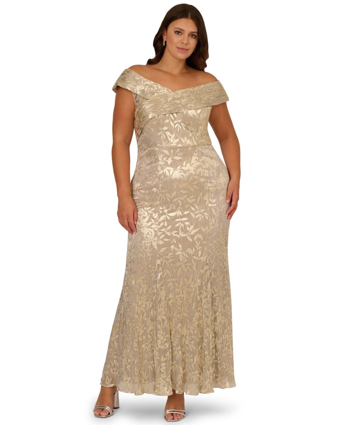 Adrianna Papell Plus Size Foil Leaf Mermaid Off-the-shoulder Gown in  Natural | Lyst