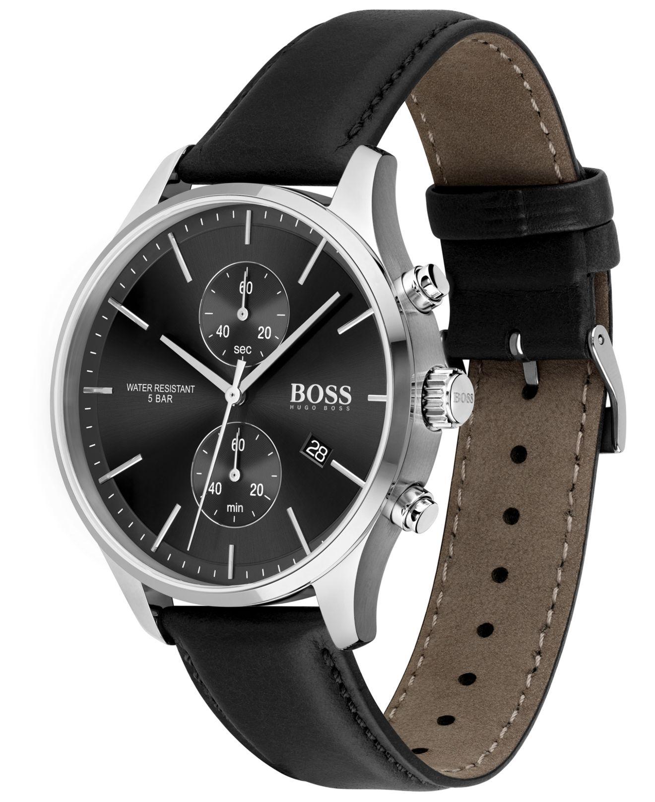 BOSS by HUGO BOSS Confidence Black Leather Strap Watch 42mm for Men | Lyst