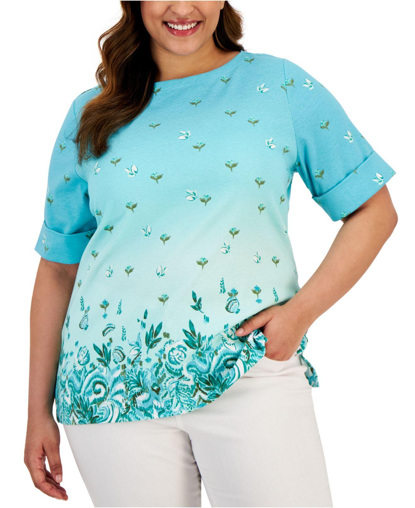 Karen Scott Plus Size Elbow-sleeve Boatneck Top, Created For Macy's in Blue